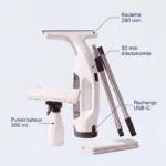 Caractéristiques du kit Vitropole : raclette 280 mm, 30 min d'autonomie, pulvérisateur 300 ml, recharge USB-C