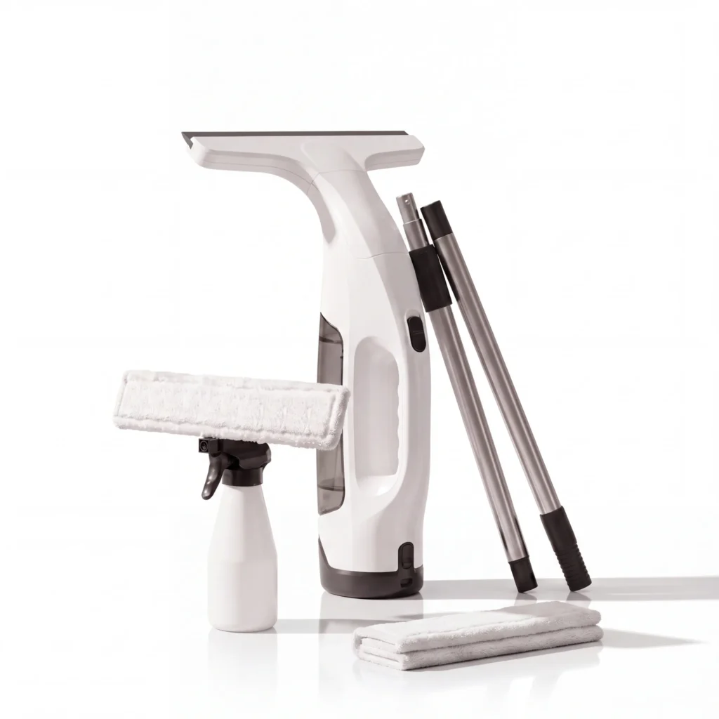 Kit complet Vitropole : lave-vitre électrique sans fil, perche télescopique, pulvérisateur avec tampon microfibre