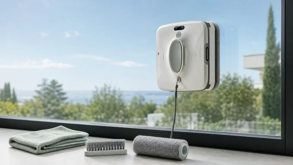 Robot lave-vitre et accessoires d’entretien sur une baie vitrée