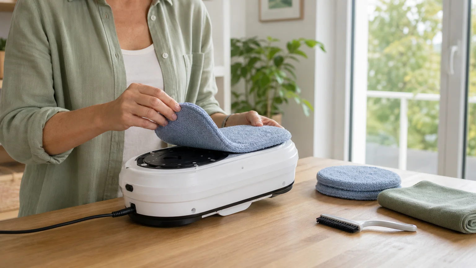 Retrait d’une lingette microfibre après le nettoyage d’une vitre