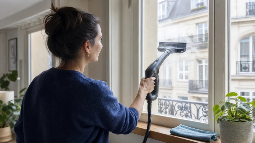 Nettoyage d'une fenêtre au nettoyeur vapeur, la vapeur décolle les salissures avant la raclette