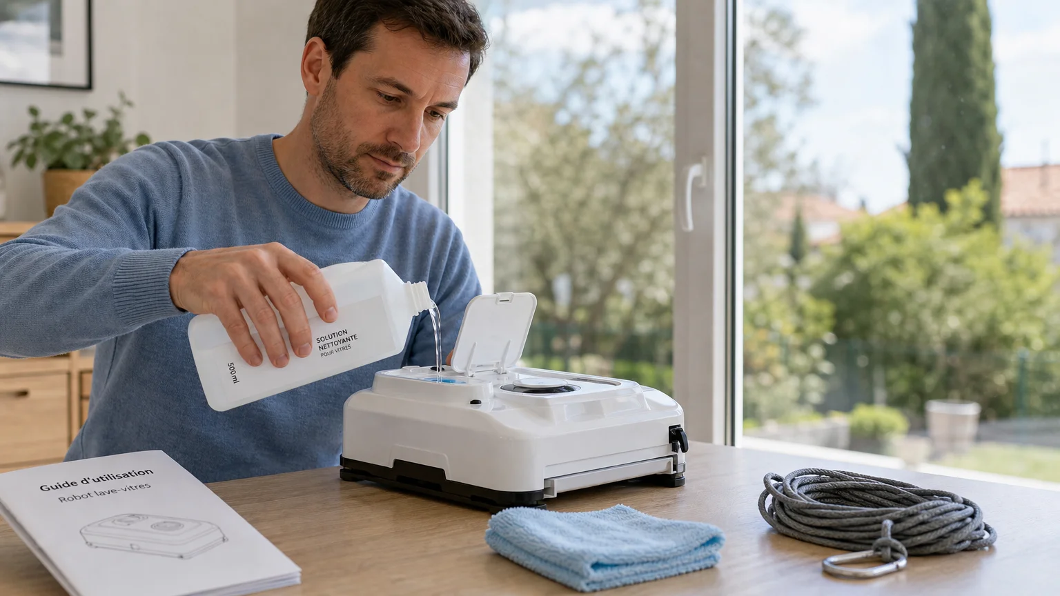 Préparation d’un robot lave-vitres avec une solution prête à l’emploi