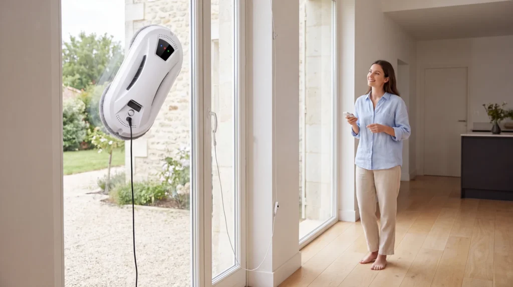Utilisatrice pilotant à la télécommande un robot lave-vitre fixé en hauteur sur une porte vitrée
