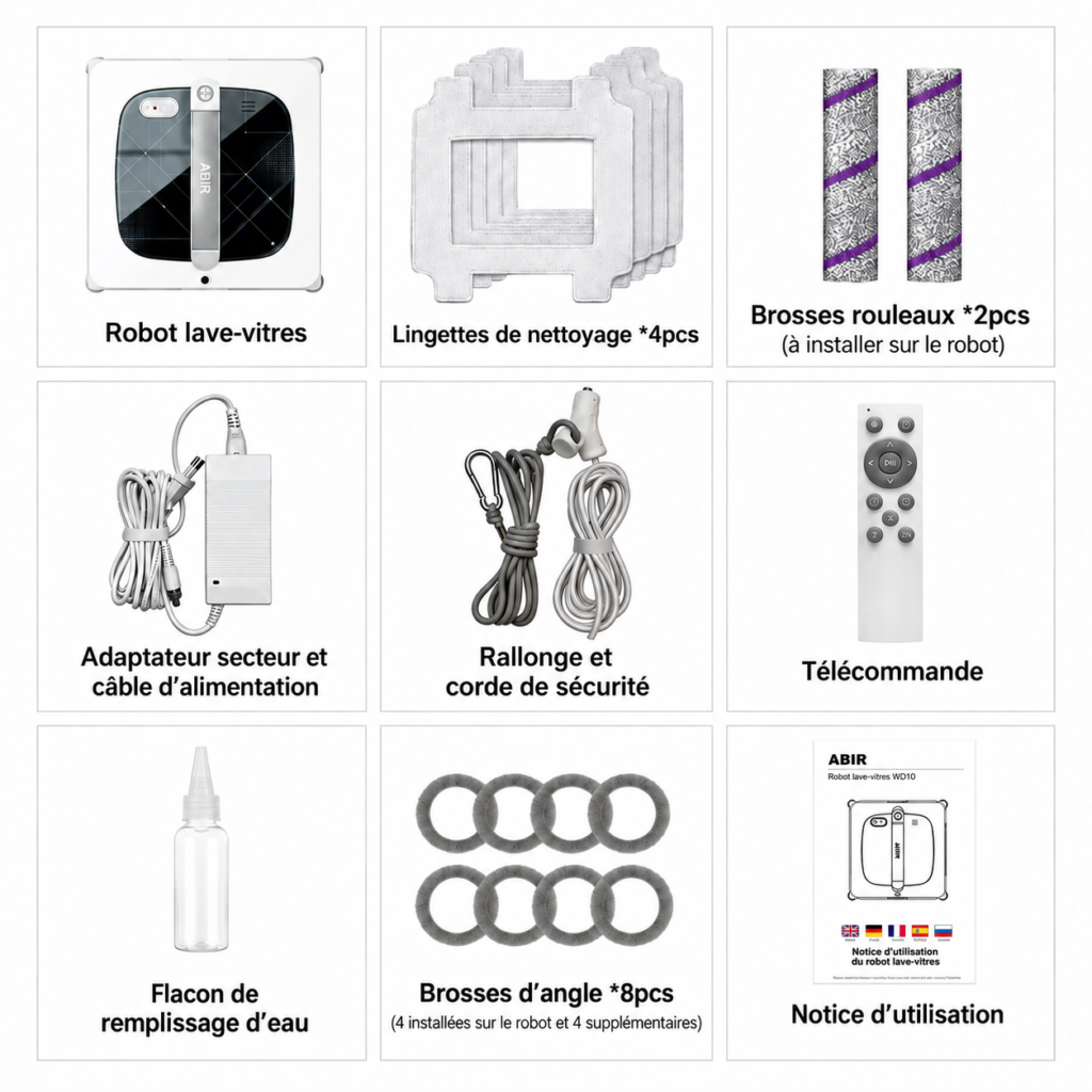 Contenu du pack ABIR WD10 : lingettes, brosses, télécommande, corde et accessoires