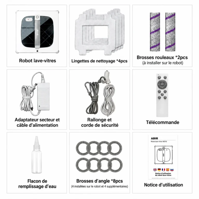 Contenu du pack ABIR WD10 : lingettes, brosses, télécommande, corde et accessoires