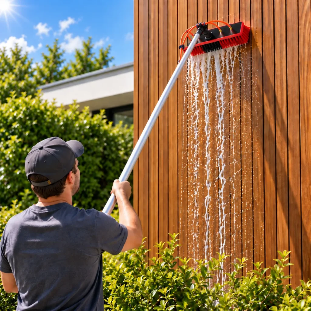 Lavage d'un bardage bois à la brosse à eau SolarClean 9M