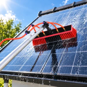 Brosse SolarClean 9M en train de laver un panneau solaire sur une toiture